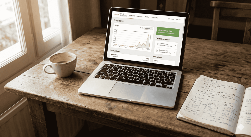 Workspace setup for AI ebook publishing showing Amazon KDP interface and planning materials